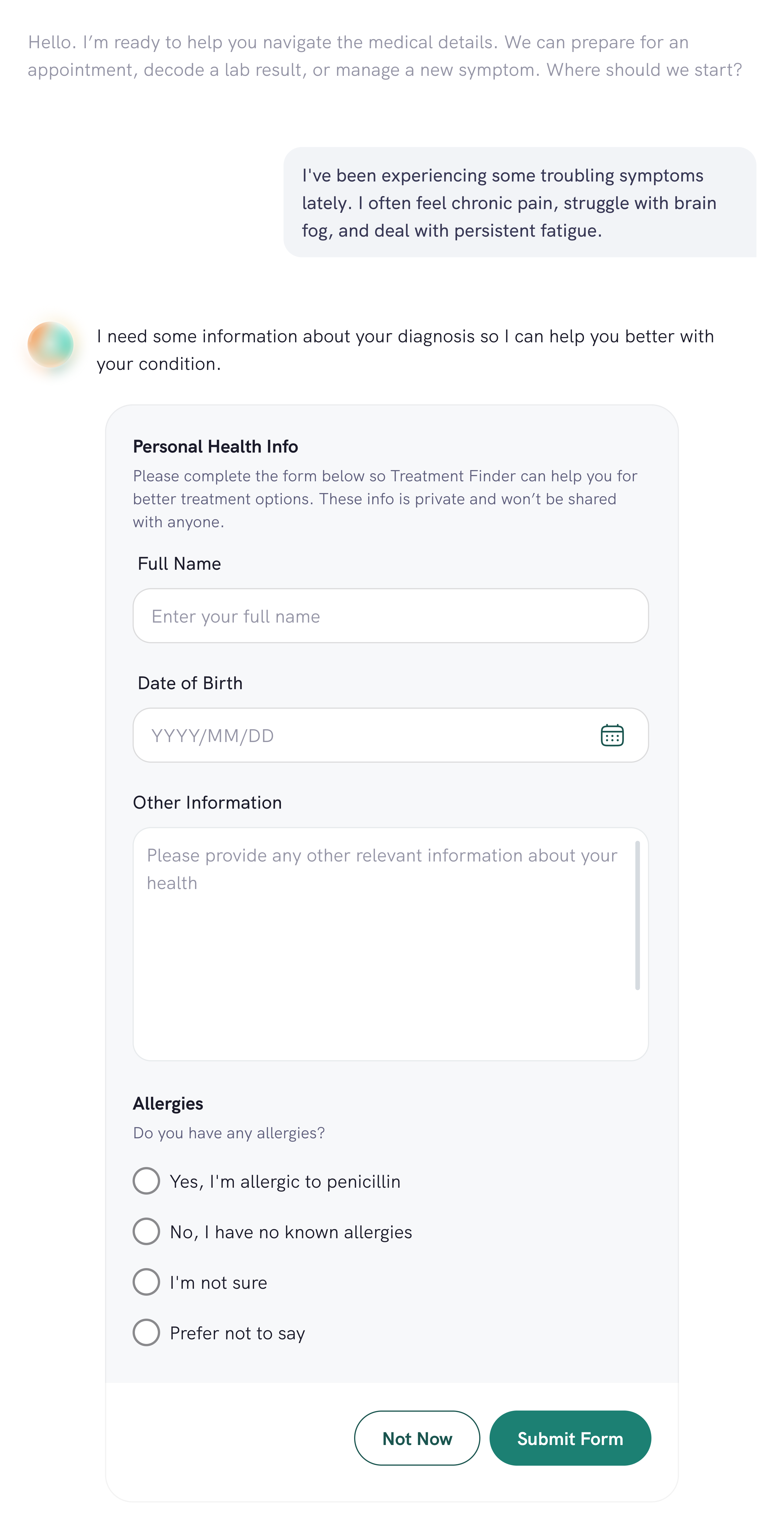 GenUIForm rendered live in a patient intake conversation